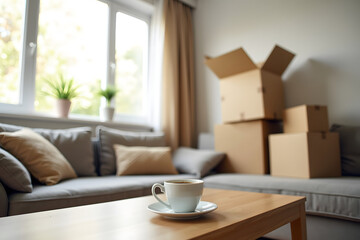 A cozy living room with unpacked boxes and a fresh cup of coffee on a table, symbolizing comfort and transition in a new home