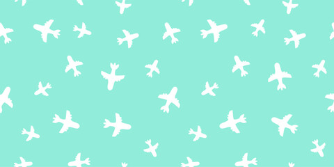 Seamless pattern airliner. Passenger airplane or toy airplane vector pattern. White on teal.