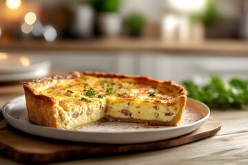 Close-up of Sliced Quiche Lorraine with Golden Crust and Creamy Filling in Kitchen
