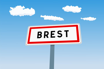 Brest city sign in France. City limit welcome road sign.