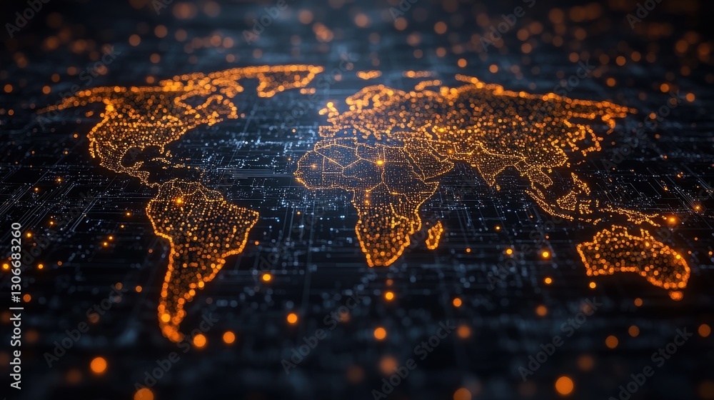 Poster a vibrant digital representation of the world map with glowing nodes and lines symbolizing global co
