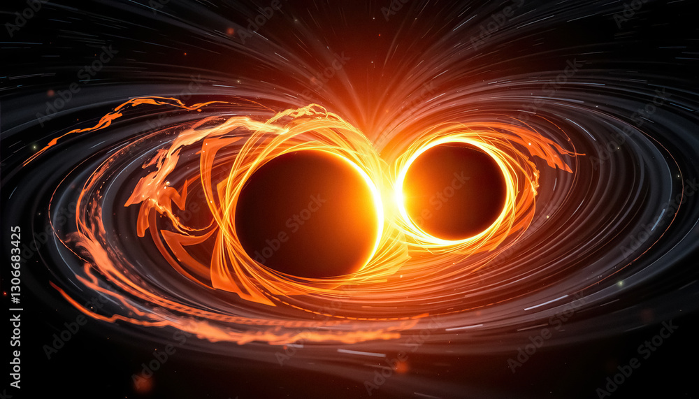 Poster visual representation of two black holes merging surrounded by swirling matter and intense energy em