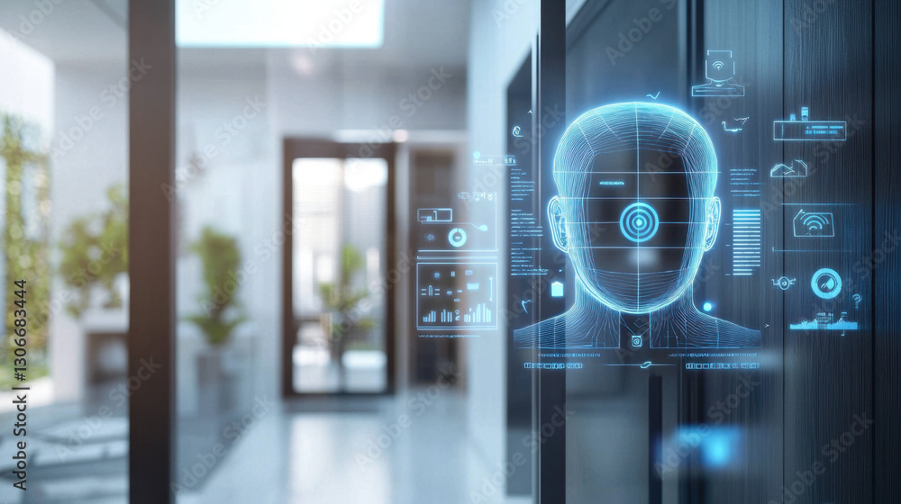 Poster high tech security system with facial recognition is displayed in modern smart home, showcasing adva
