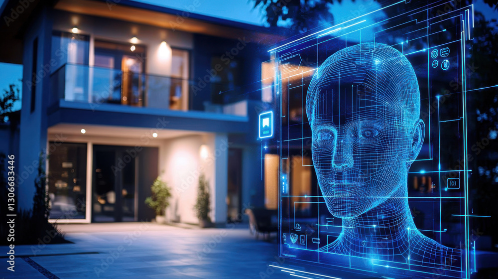 Poster futuristic smart home with advanced security features, including facial recognition technology, is d