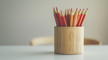 Obraz premium A wooden container with neatly arranged sharpened red pencils standing to the right of the table
