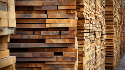 A stack of wooden planks neatly arranged for industrial use.
