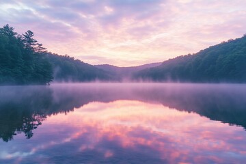 Fototapeta premium Serene sunrise reflection on misty lake
