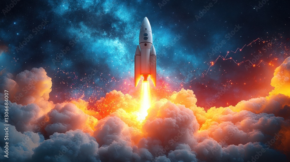 Poster a vibrant illustration of a rocket soaring through clouds surrounded by abstract shapes and a graph 
