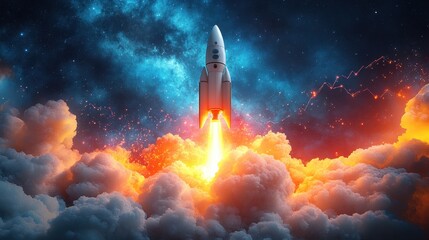 a vibrant illustration of a rocket soaring through clouds surrounded by abstract shapes and a graph symbolizing growth and innovation perfect for themes of creativity and success