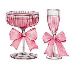 Festive pink champagne glass with bow watercolor illustration