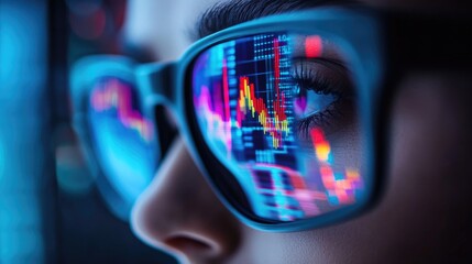 Person Wearing Glasses Reflecting Financial Charts And Market Data
