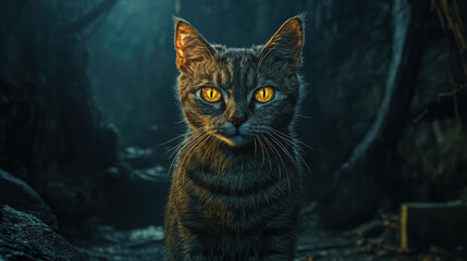 A striking gray cat with glowing eyes in a dark, mysterious forest setting.