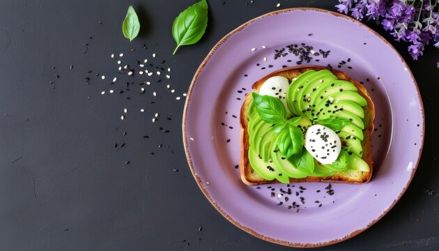Gourmet avocado toast with sliced mozzarella and basil on purple plate with copy space