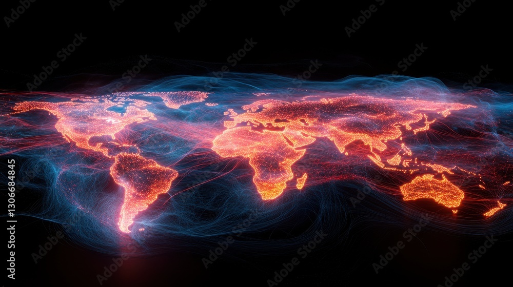 Poster a vibrant visualization of global network connections spanning continents on a world map highlights 
