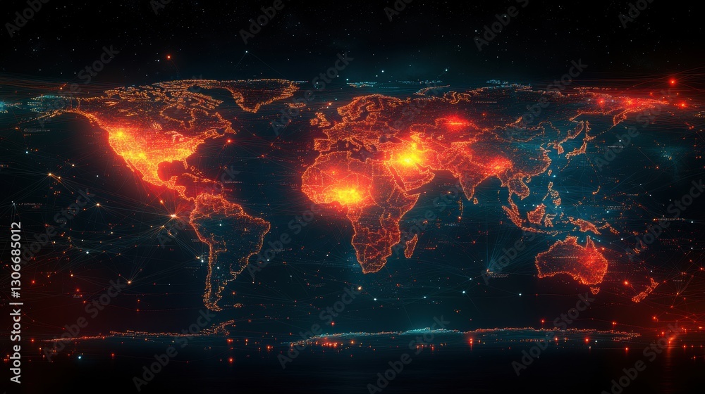 Poster a vibrant visualization of global network connections spanning continents on a world map highlights 