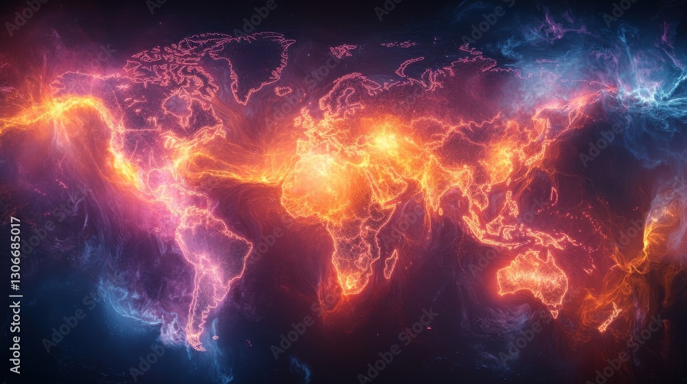 Poster a vibrant visualization of global network connections spanning continents on a world map highlights 