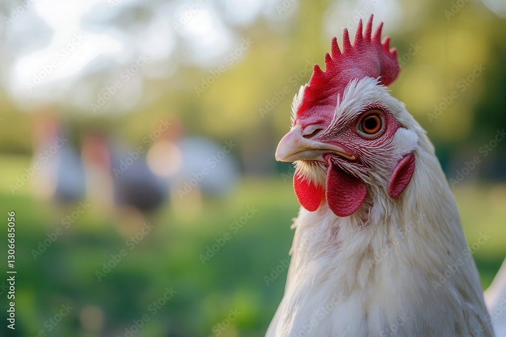 Poster Close up of a white chicken with a bright red comb and wattles in a lush green farm setting during late afternoon Generative AI