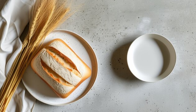 Top view of fresh artisan bread loaf with wheat stalks and empty bowl on rustic surface with copy space