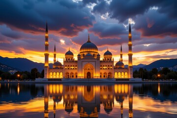 Fototapeta premium Majestic Mosque at Sunset Illuminated Reflection in Calm Water Mountain Scenery