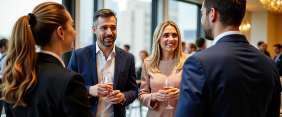 Business networking event with professionals socializing and holding drinks in a modern office setting with copy space