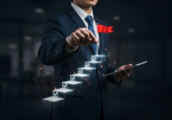 Corporate success visualized through steps of completed objectives