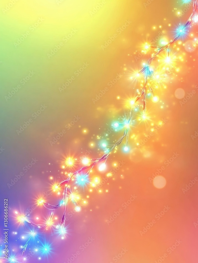 Fototapete Colorful glowing lights in a rainbow spectrum create a festive garland on a warm gradient background Generative AI