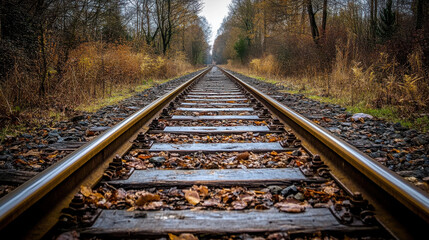 A tranquil railway track surrounded by autumn foliage, leading into the distance.