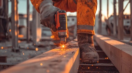 Person's hand holding a power drill and working on a construction site. the person is wearing orange protective gear and is wearing a pair of boots.