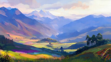 Fototapeta premium Scenic andean landscapes with verdant terraced fields and majestic mountains