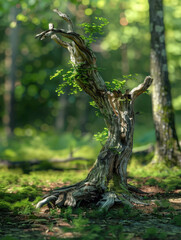 A twisted, weathered tree stump with vibrant green foliage in a serene forest setting.