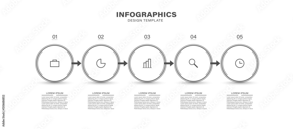 Poster thin line vector infographics with 5 circles and arrows. timeline template with 5 steps or options