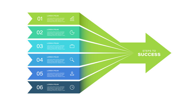 Business infographic template. Arrow with 6 options, steps. Vector chart with icons