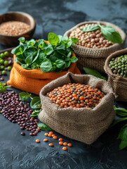 A variety of colorful lentils and fresh greens in burlap bags, showcasing healthy ingredients.