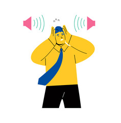 Business man covers his ears with his hands to avoid disturbance of sound. Flat vector illustration isolated on white background