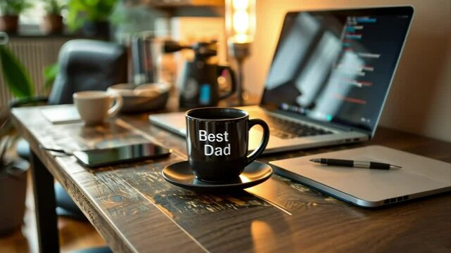 A cozy workspace with a black coffee mug labeled Best Dad. A laptop displays programming code in background. Fathers Day