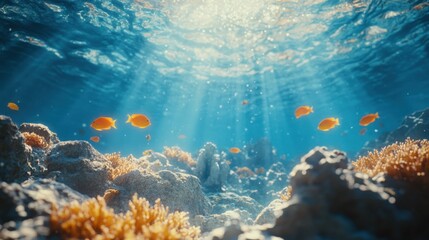 Close-up of a vibrant coral reef with tropical fish swimming in clear blue water, dynamic underwater composition, natural daylight