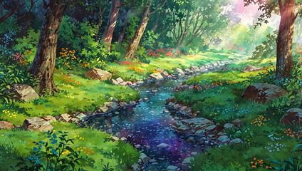 Obraz premium anime style background, forest with fireflies