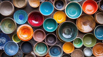 A vibrant assortment of colorful ceramic bowls arranged artistically.
