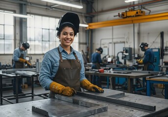 Woman smiles in an apron and welding mask posing near a table with metal pieces. Industrial warehouse.