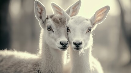 Obraz premium Two Young Deer Close Up Portrait Soft Warm Light Description Two