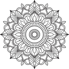 Elegant Floral Mandala Art Featuring Symmetrical Blooms and Graceful Swirls, Geometry Mandala for Spiritual Healing, silhouette vector style with white background