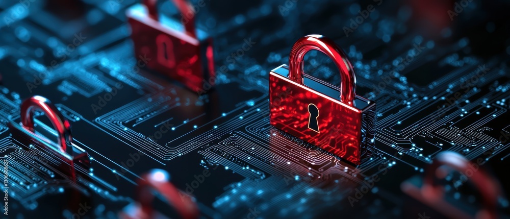 Aufkleber a digital representation of security measures, featuring red locks set against a dark, circuit-patte