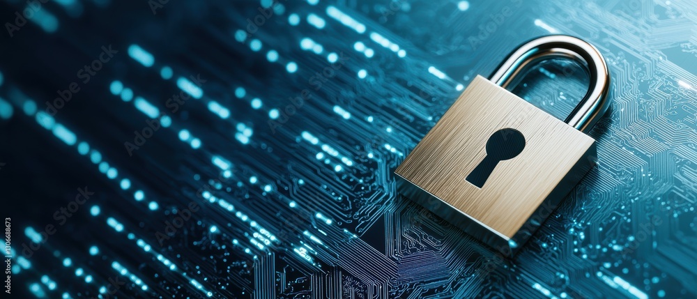 Poster a close-up of a padlock on a digital background, symbolizing cybersecurity and data protection.