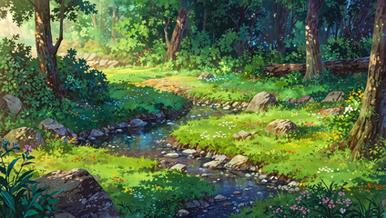 anime style background, forest with fireflies