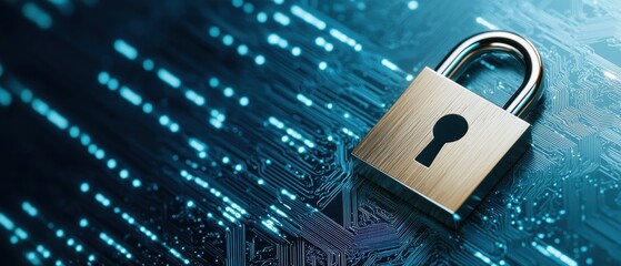 A close-up of a padlock on a digital background, symbolizing cybersecurity and data protection.