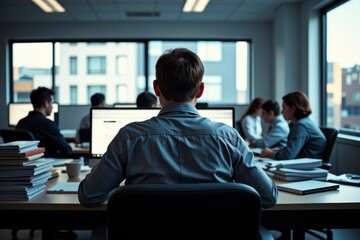Businessman Working Late at Office Colleagues in Background Modern Office Space