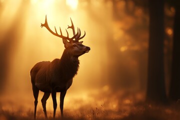 This stunning stag is poised in a mystical autumn glow, surrounded by the soft embrace of fog and light, creating a serene and awe-inspiring moment in nature’s beauty.