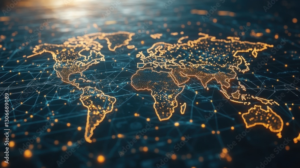 Aufkleber abstract digital illustration of a glowing world map showing interconnected network points represent