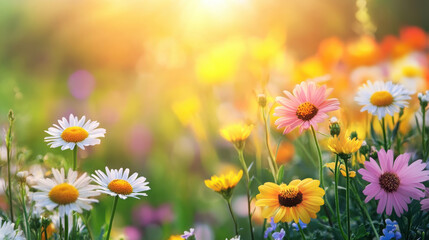 A vibrant field of flowers illuminated by sunlight, showcasing nature's beauty and tranquility.