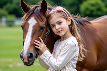 Fototapeta premium Young Girl with Brown Horse Equestrian Scene Child and Animal Outdoors